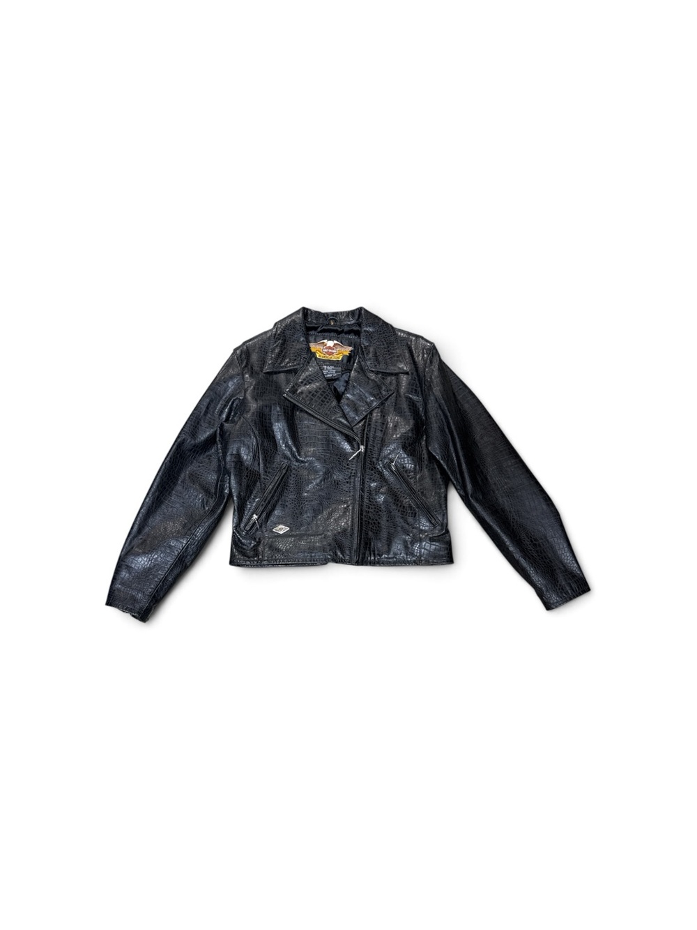 Vintage Y2K Harley Davidson Women’s Croc Embossed Leather Moto Jacket L